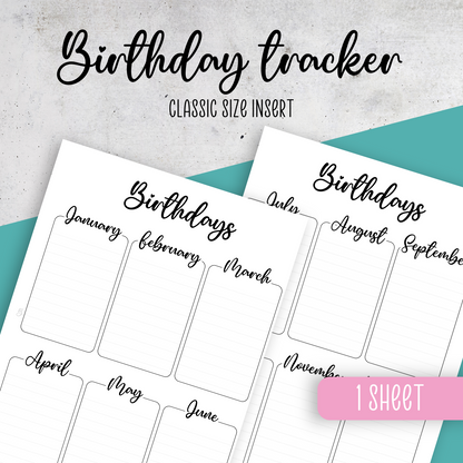 Birthday Tracker, Classic Size Insert