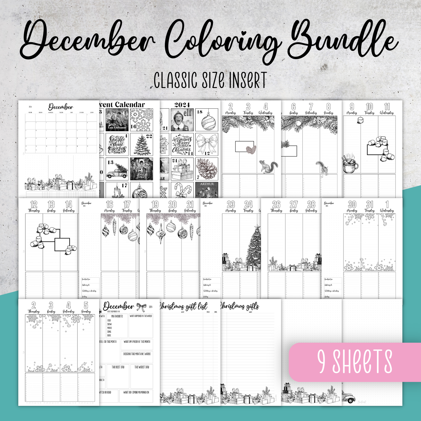 December 2024 Coloring, Classic Size Planner Insert