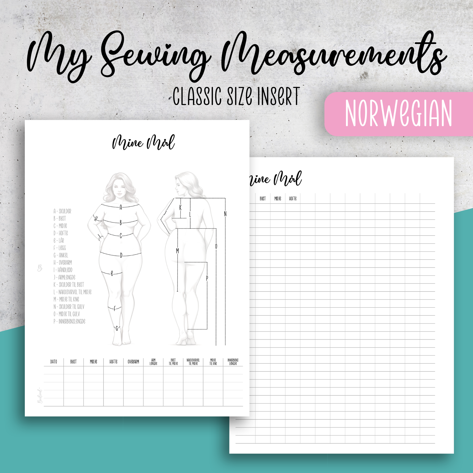 My Sewing Measurements, Classic Size Insert