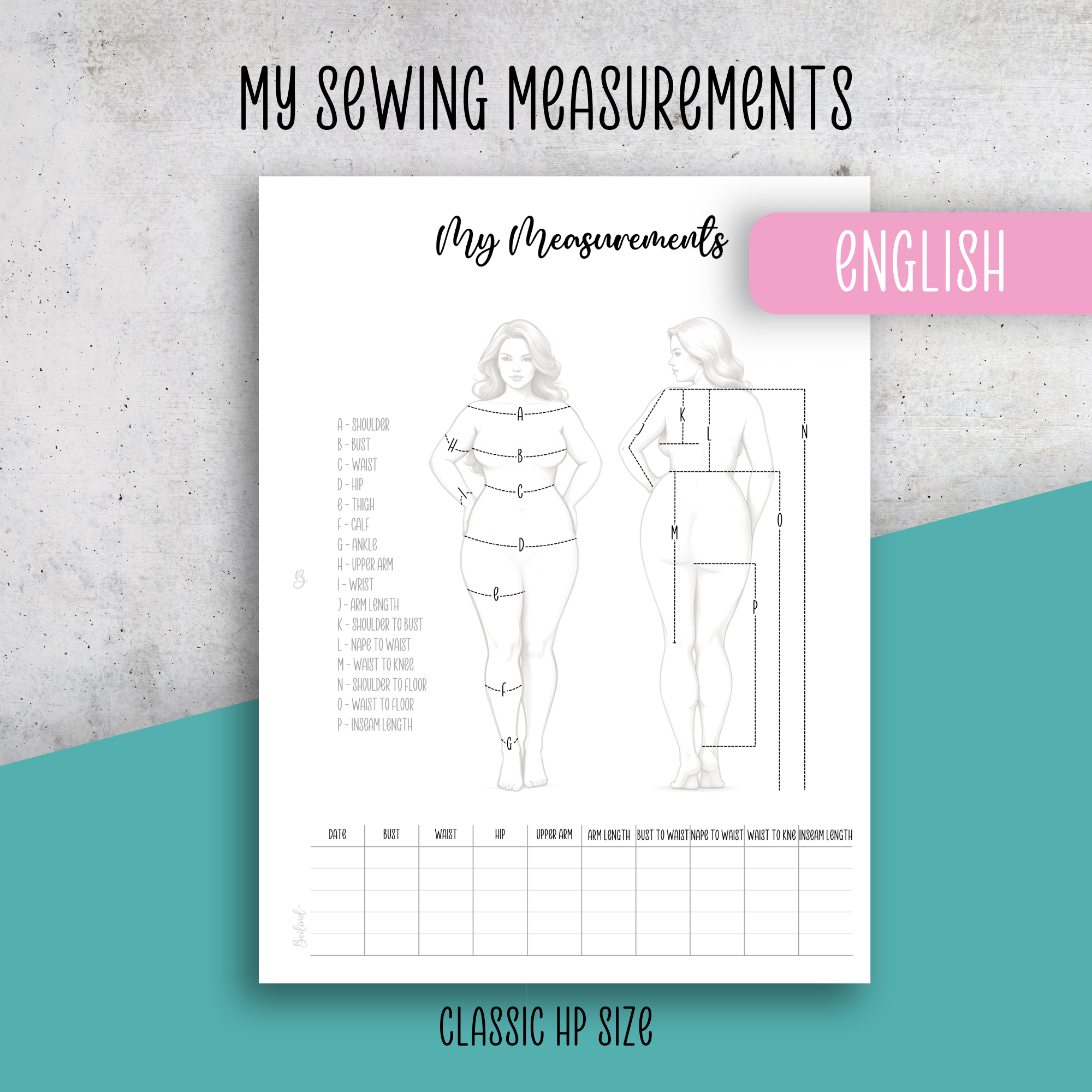 My Sewing Measurements, Classic Size Insert