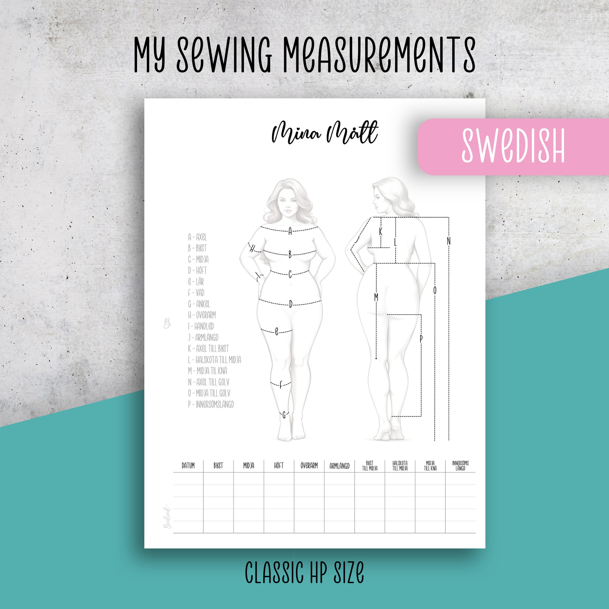 My Sewing Measurements, Classic Size Insert